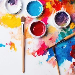 Flat view of paint tray can and brush on white background